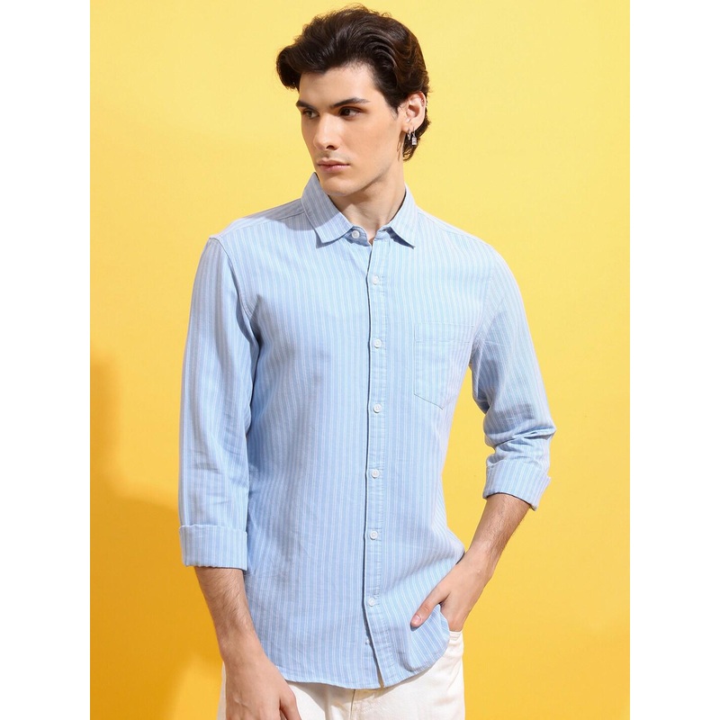 HIGHLANDER Men Blue Slim Fit Opaque Striped Casual Shirt