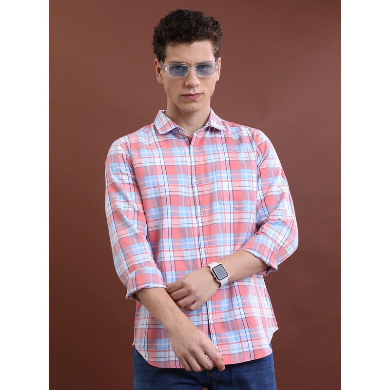 HIGHLANDER Pink Slim Fit Tartan Checked Casual Shirt