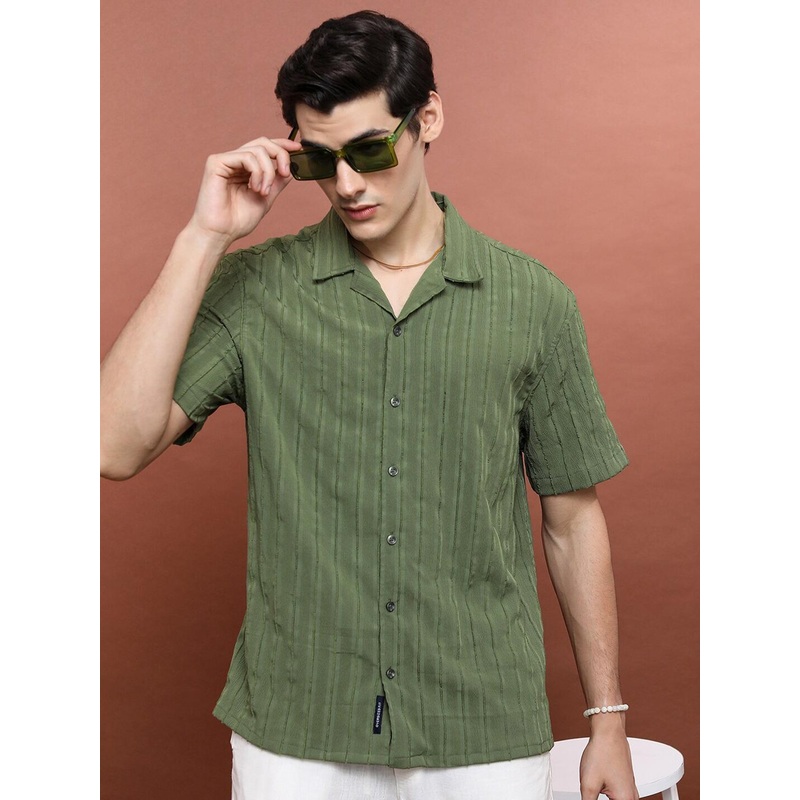 HIGHLANDER Vertical Stripes Cuban Collar Oversized Casual Shirt