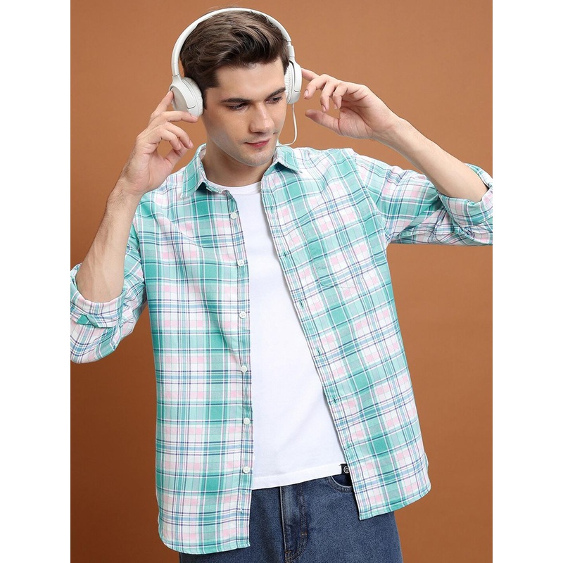 HIGHLANDER White & Green Slim Fit Tartan Checked Spread Collar Casual Shirt