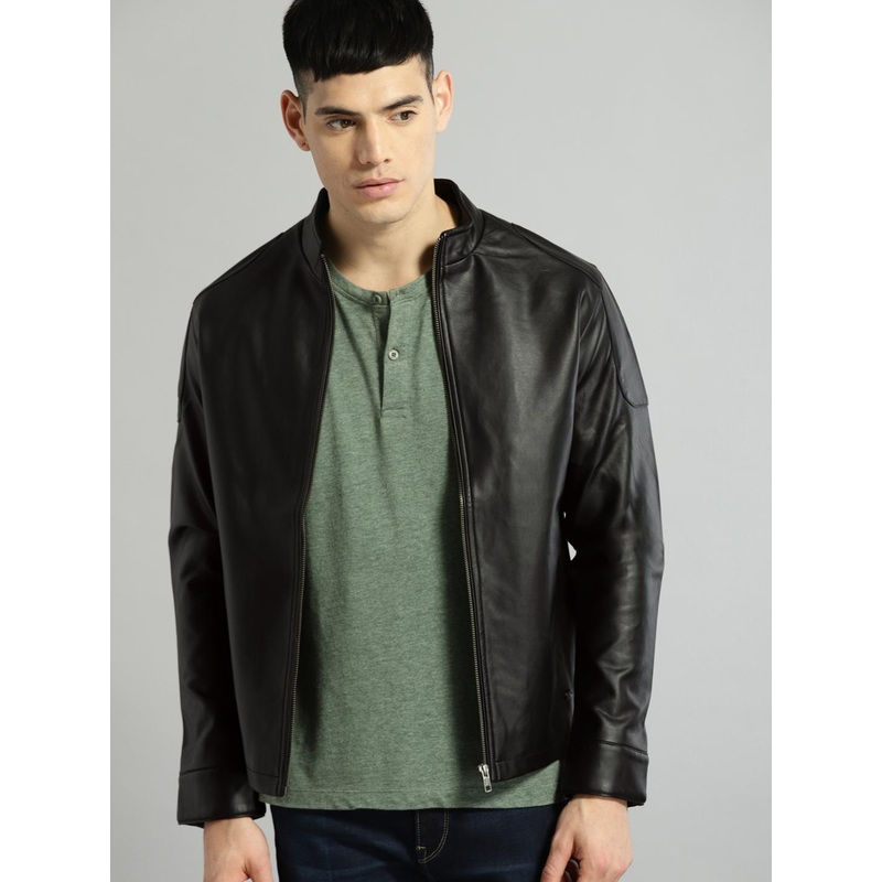 Roadster Men Black Solid Leather Jacket