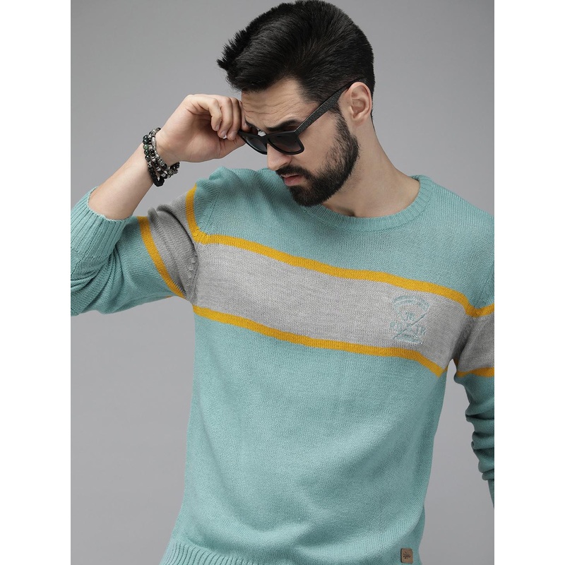 Roadster Men Blue & Grey Colourblocked Acrylic Pullover with Brand Logo Embroidered Detail