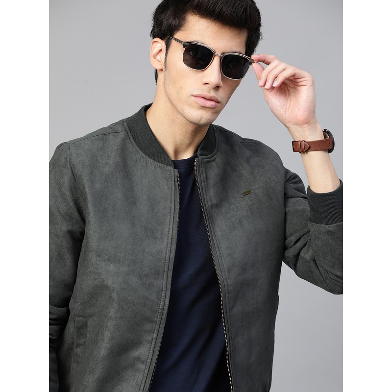 Roadster Men Charcoal Grey Solid Bomber Jacket