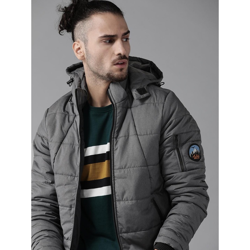 Roadster Men Charcoal Grey Solid Padded Jacket