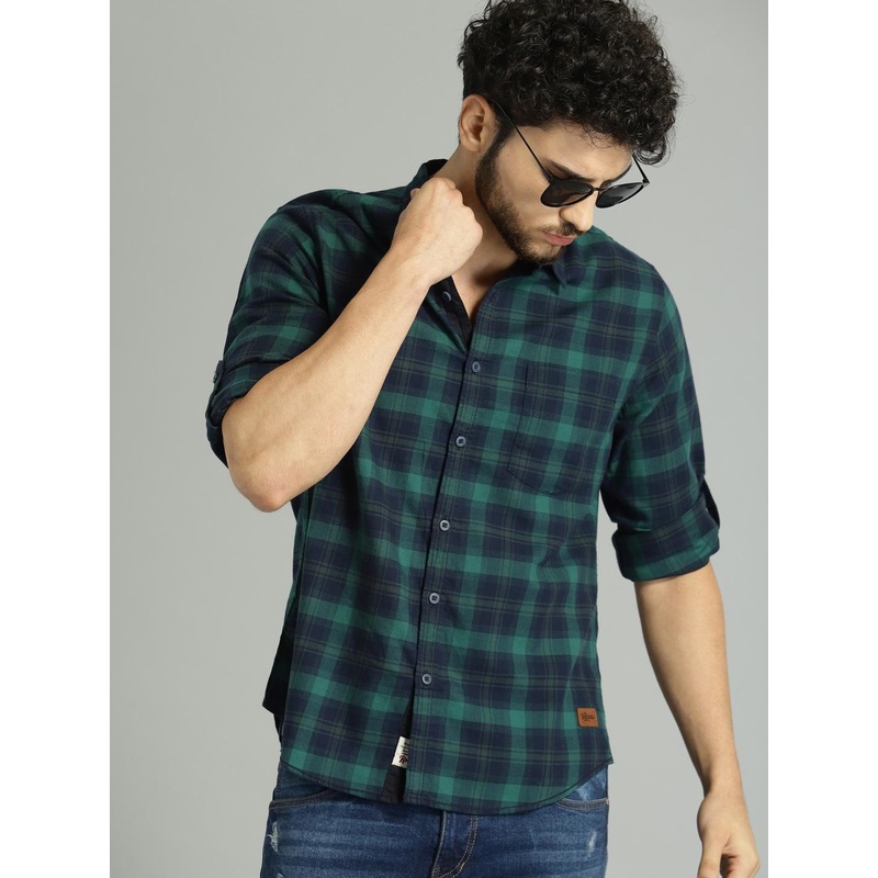Roadster Men Green & Navy Blue Checked Casual Shirt