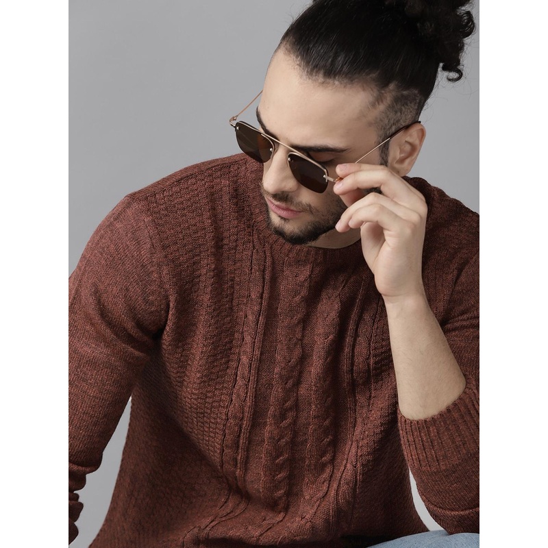 The Roadster Lifestyle Co Men Brown Solid Cable Knit Pullover