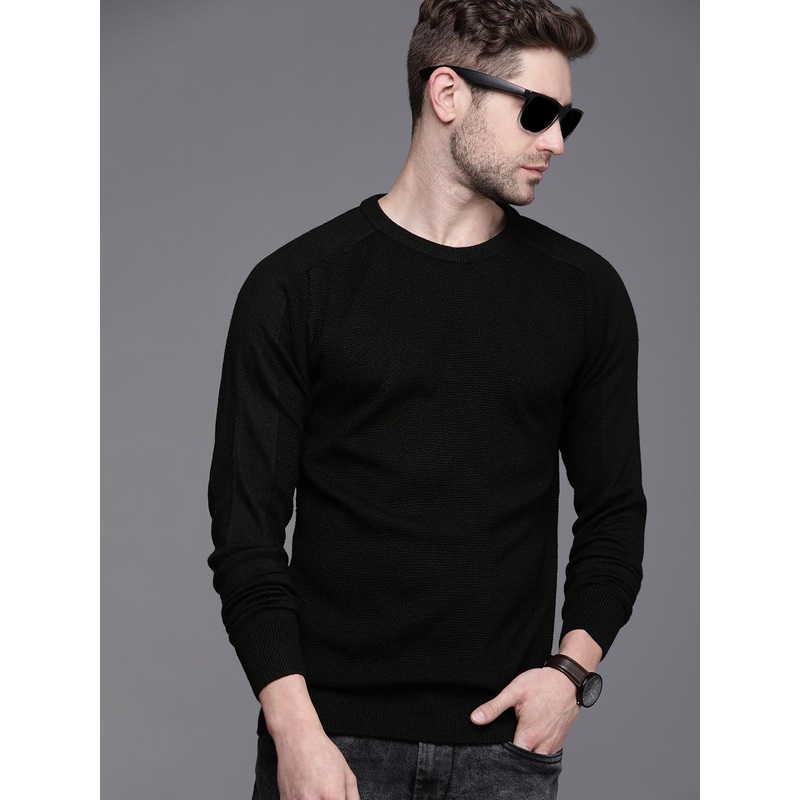 WROGN Men Black Slim Fit Raglan Sleeves Pullover