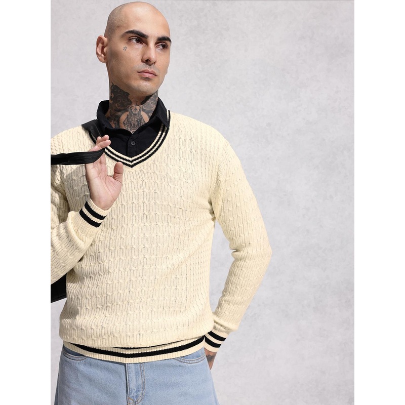 WROGN Open Knit V-Neck Pure Acrylic Pullover