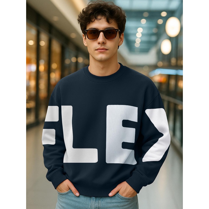 Bewakoof Men Navy Blue Typography Printed Oversized Sweatshirt