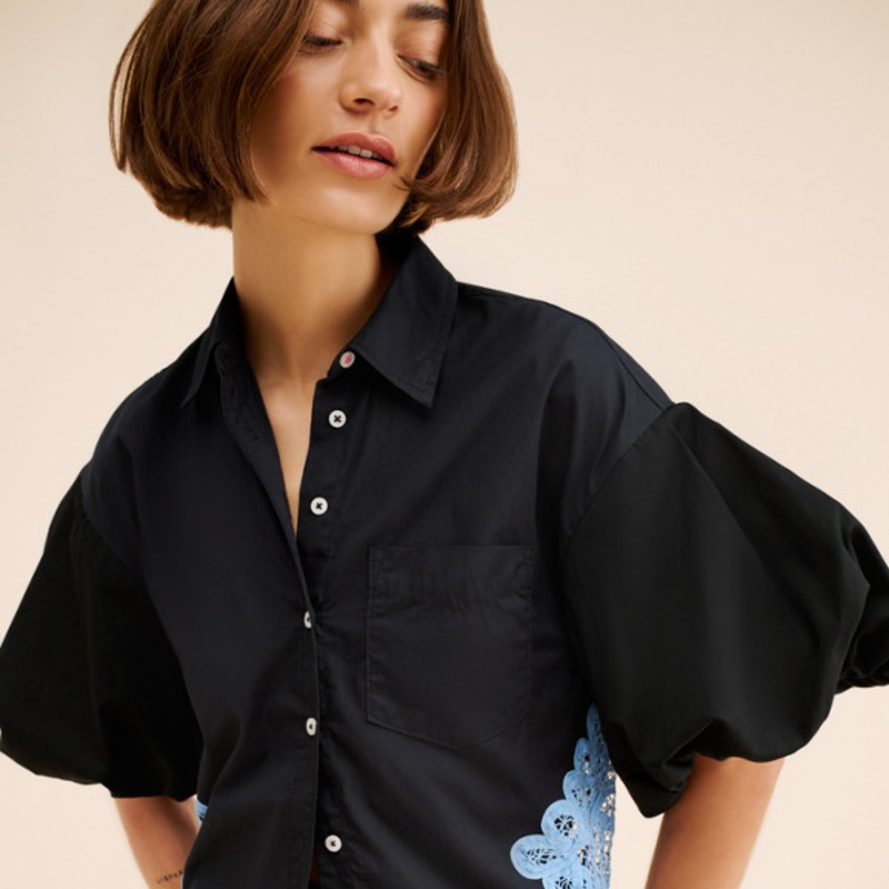 Black Bubble Sleeve Crochet Top