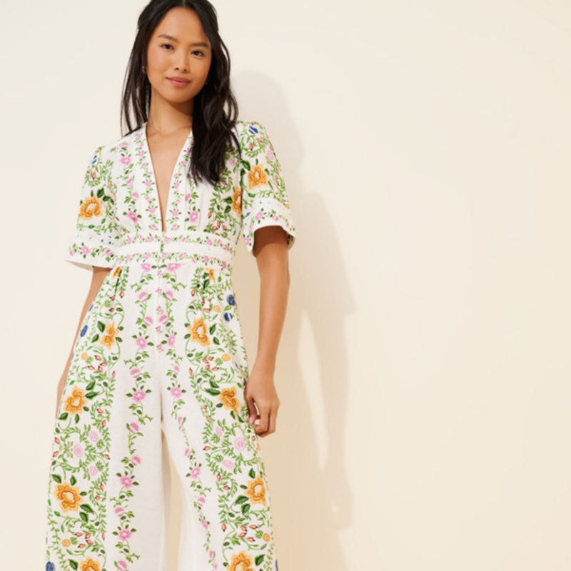 Folk Floral Linen Blend Jumpsuit