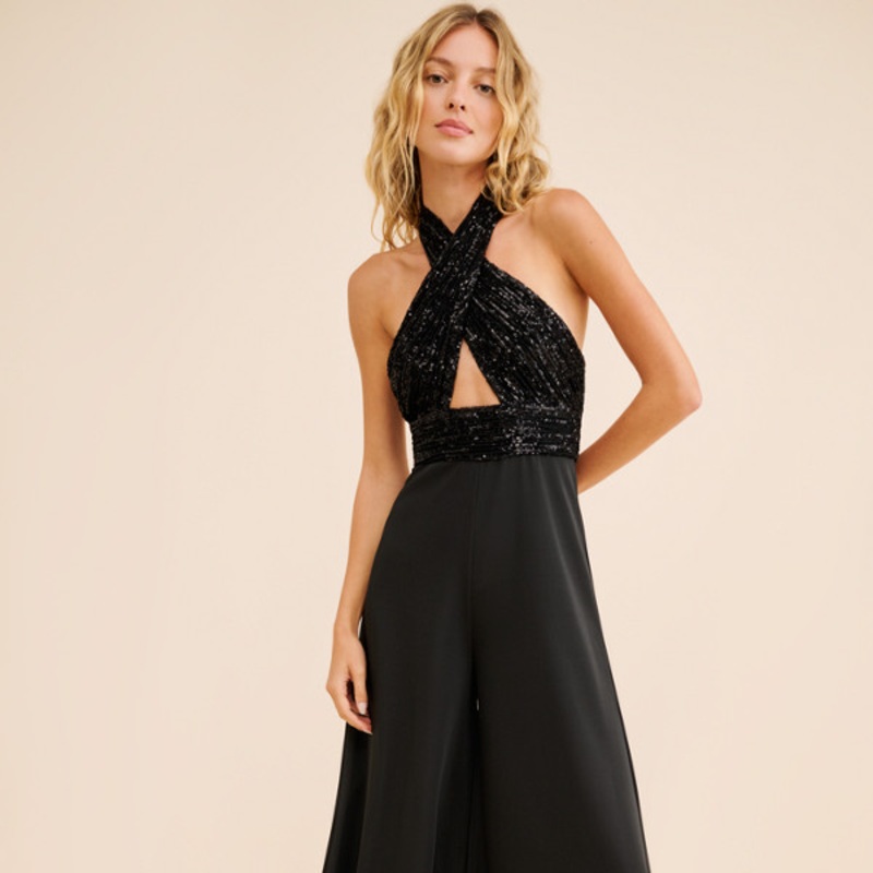 Sequined Cross Neck Halter Jumpsuit