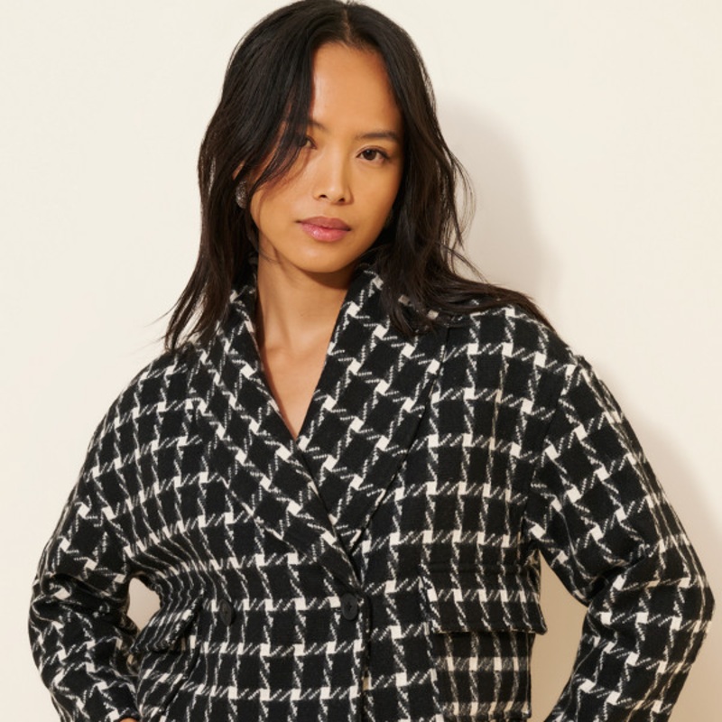 Jacquard Check Wool Blend Cropped Coat