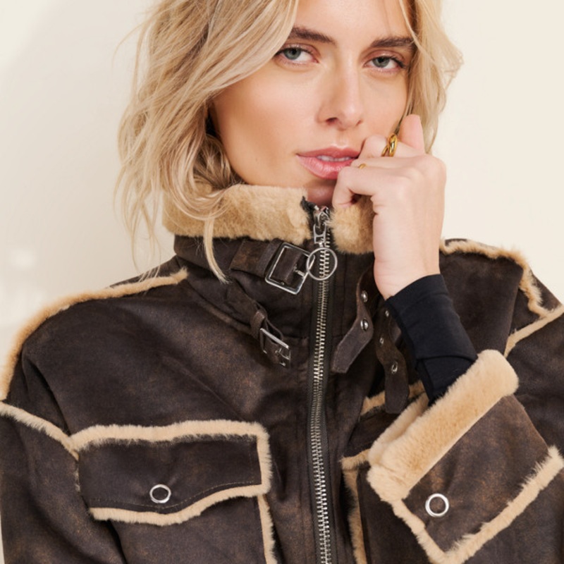 Vegan Suede Shearling Biker Jacket