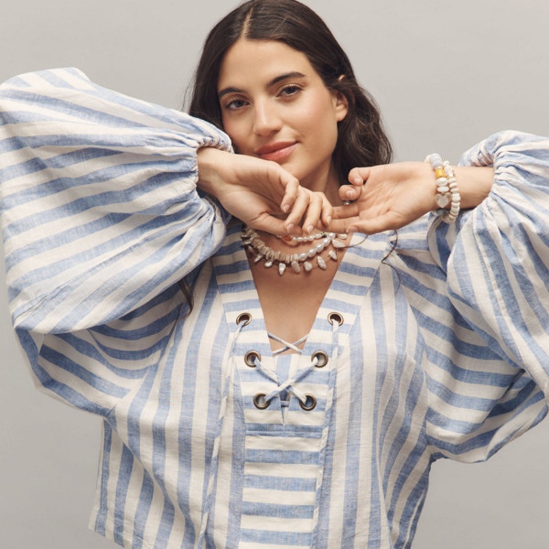 Linen Dolman Lace-Up Blouse