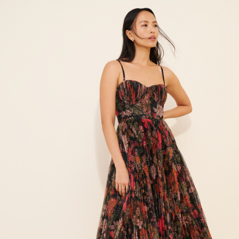 Amara Corset Pleated Tulle Fit & Flare Midi Dress