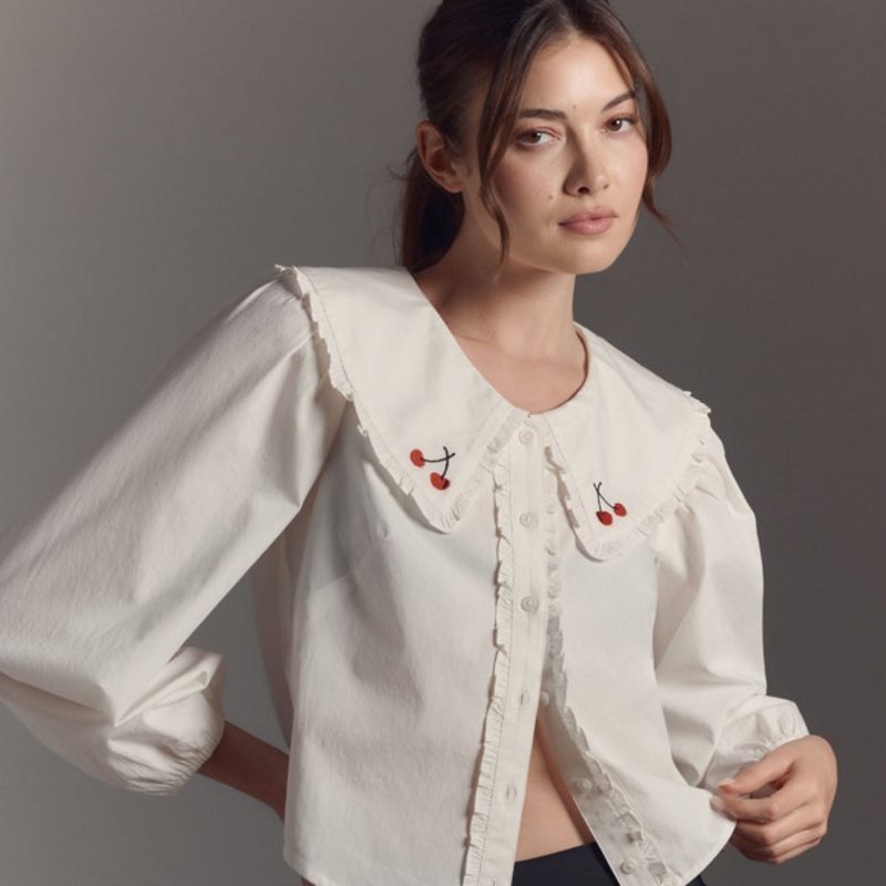 Long-Sleeve Collared Ruffle-Front Blouse