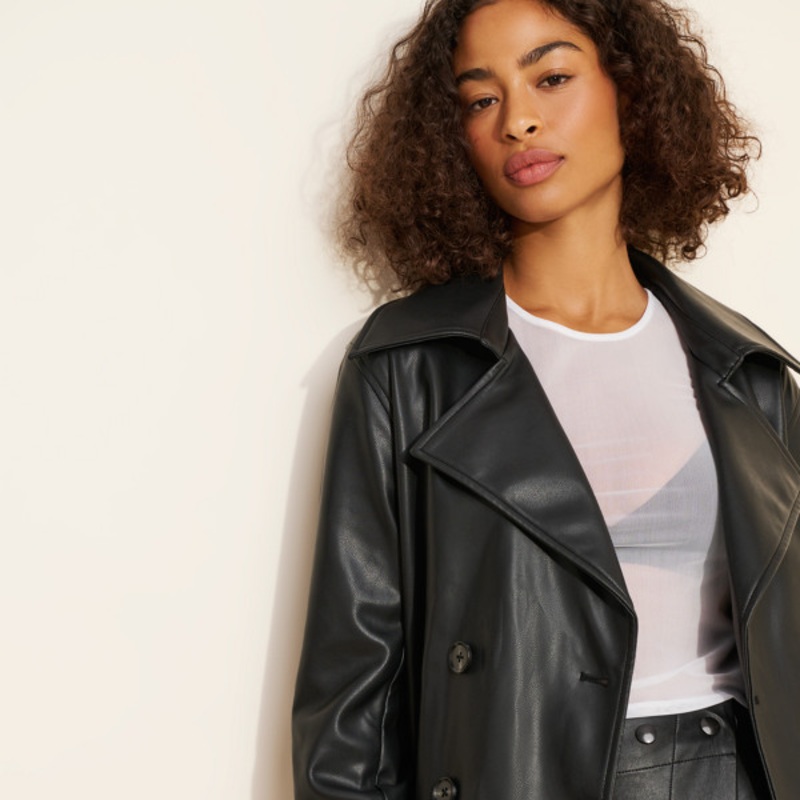 Vegan Leather Hip-Length Trench Coat