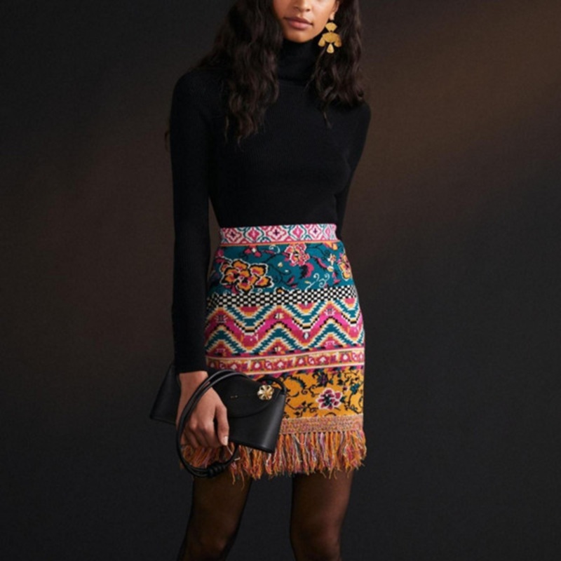Fringed Abstract Sweater Mini Skirt