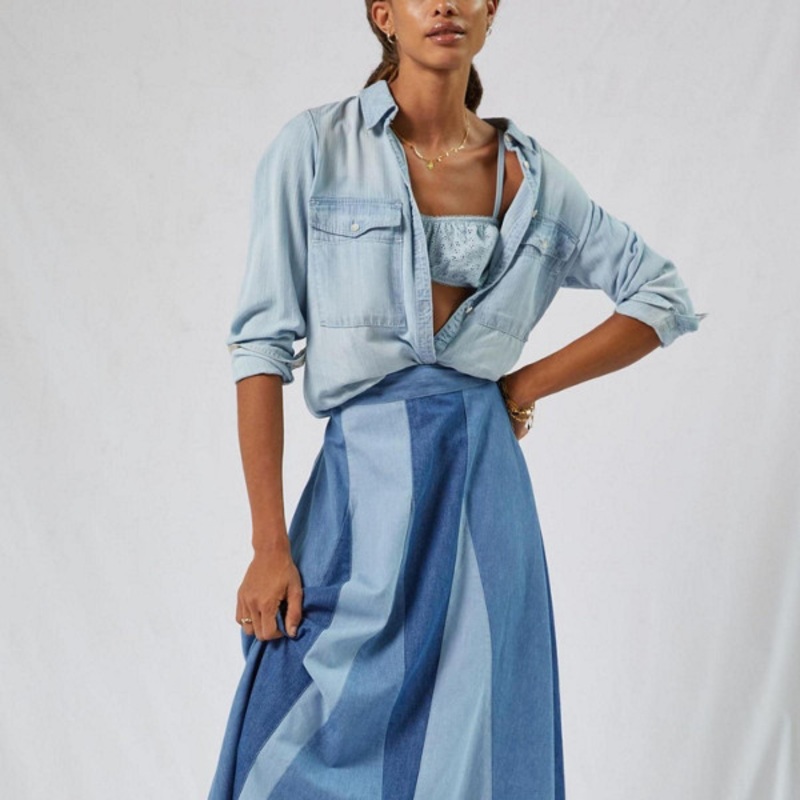 Colorblocked Denim Midi Skirt