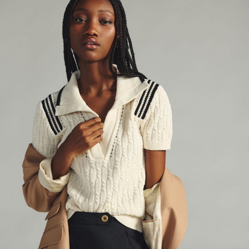 Cable-Knit Polo Sweater Tee