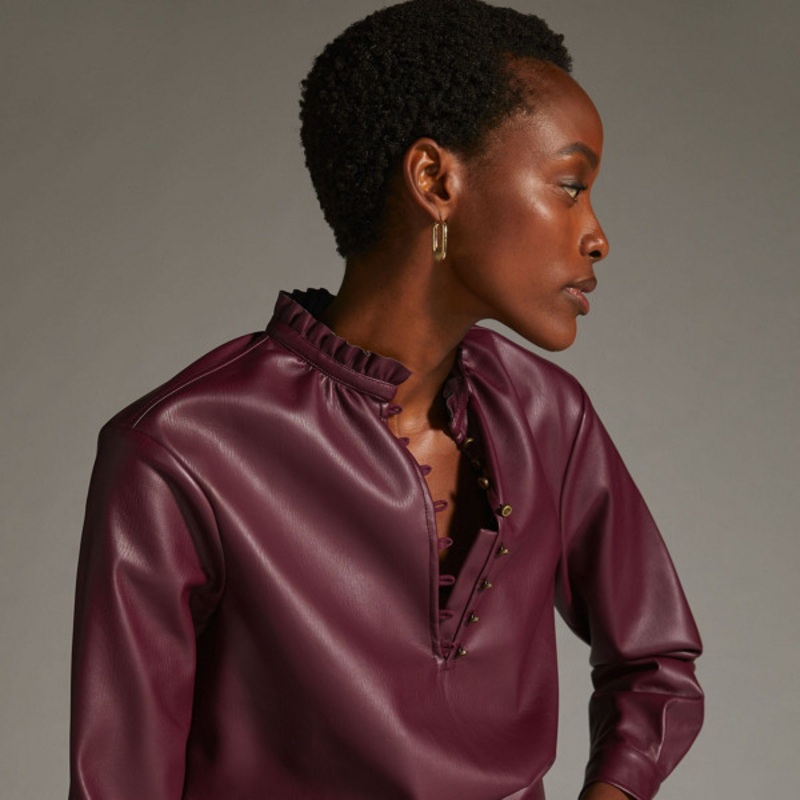 Button-Front Vegan Leather Blouse