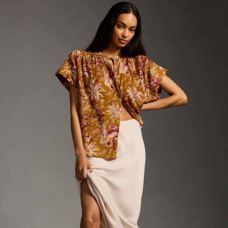 Short-Sleeve Batwing Buttoned Blouse