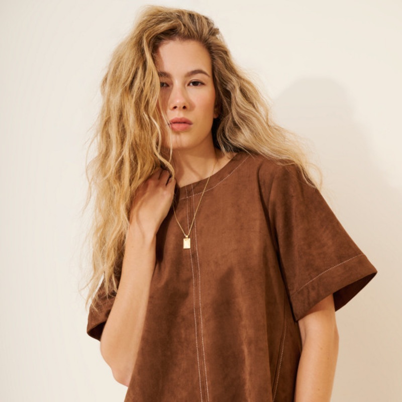 The Emmy Vegan-Suede Short-Sleeve Swing Blouse