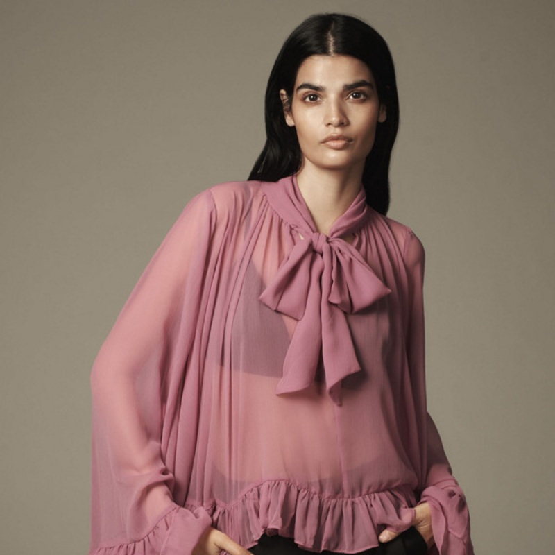 Sheer Tie-Neck Ruffle Blouse