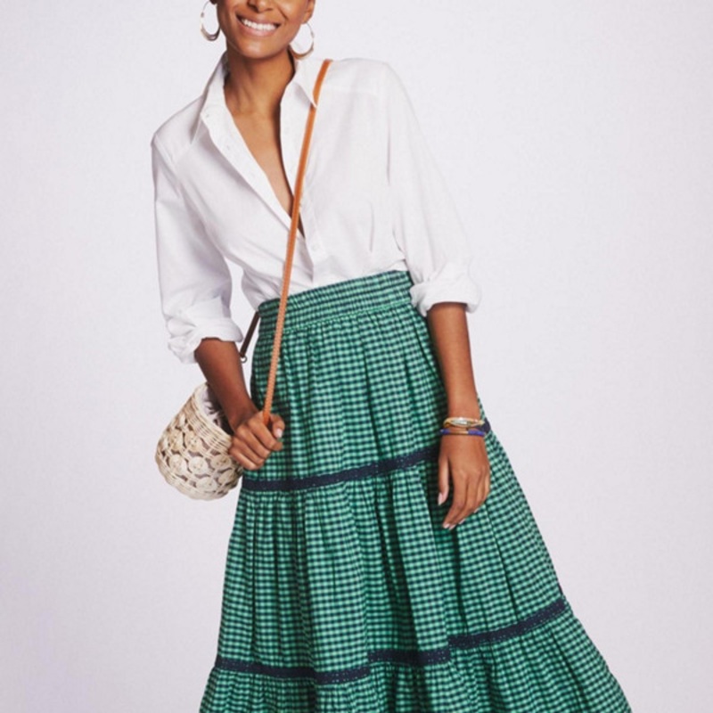 Tiered Gingham Midi Skirt