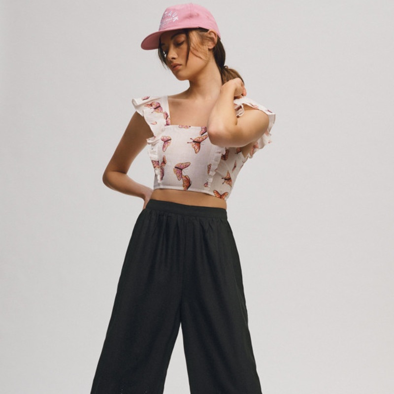 Wide-Leg Eyelet Crop Pants