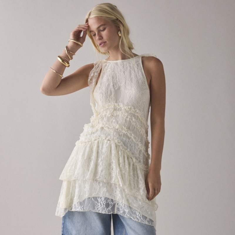 Alicia Asymmetric Cascading Ruffle Lace Mini Dress