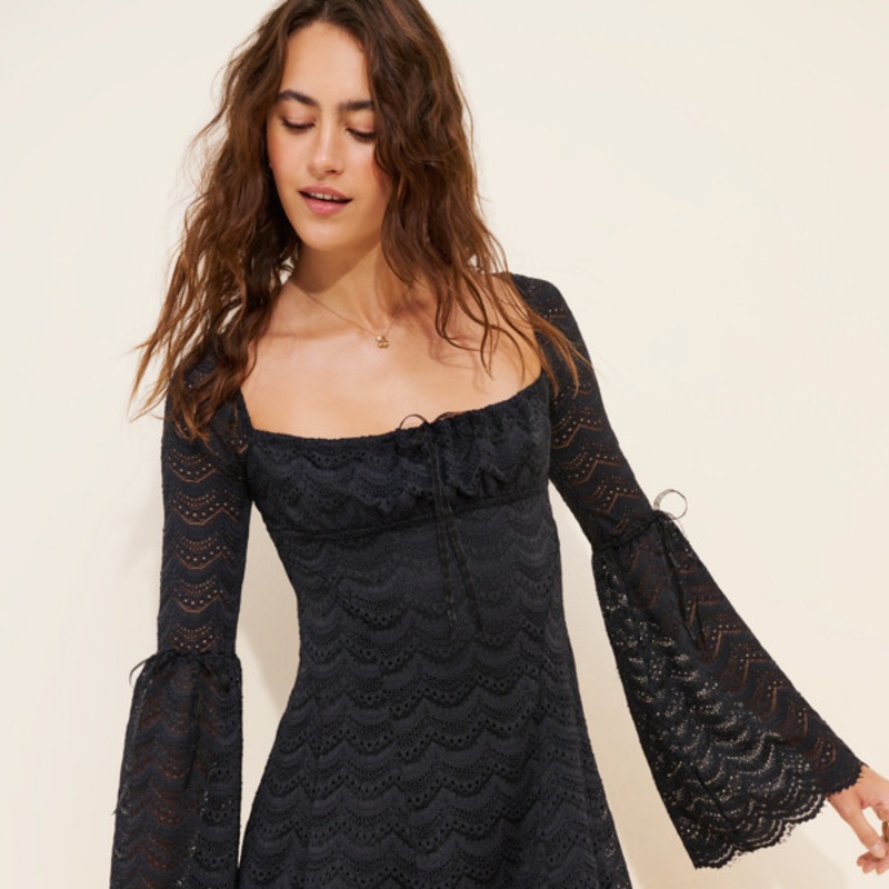 Alina Ribbon Trim Lace Bell Sleeve Mini Dress