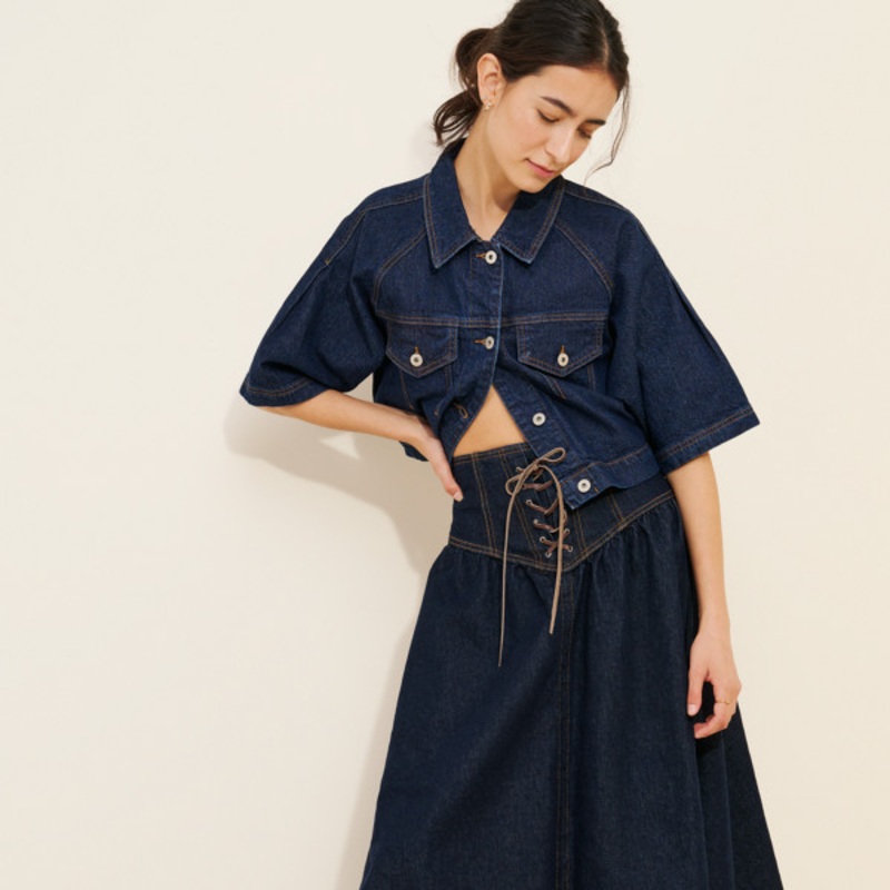 Denim Lace-Up Drop Waist Midi Skirt