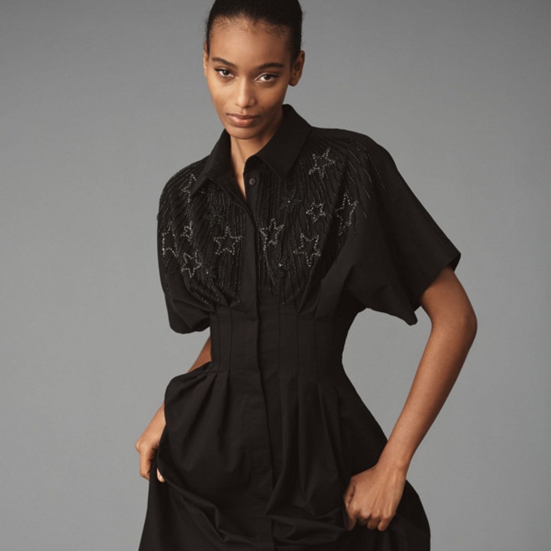 The Tobie Button-Front Pleated Shirt Dress: Embellished Edition