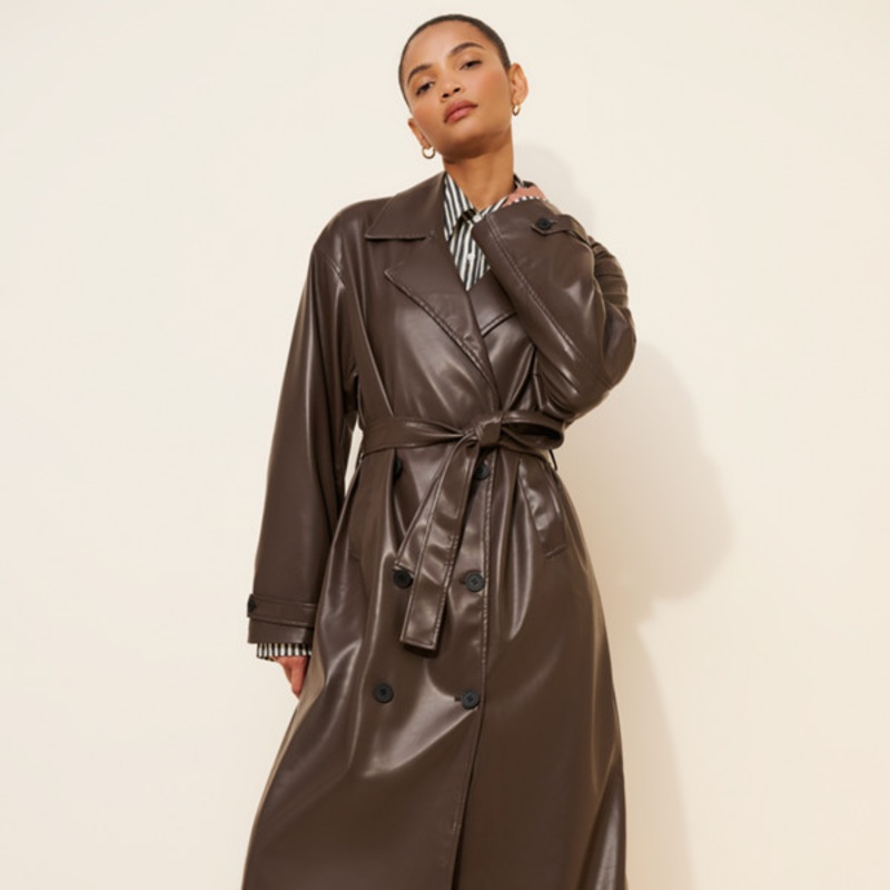Vegan-Leather Belted Trench Coat