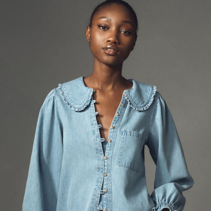 The Keira Light-Denim Long-Sleeve Blouse