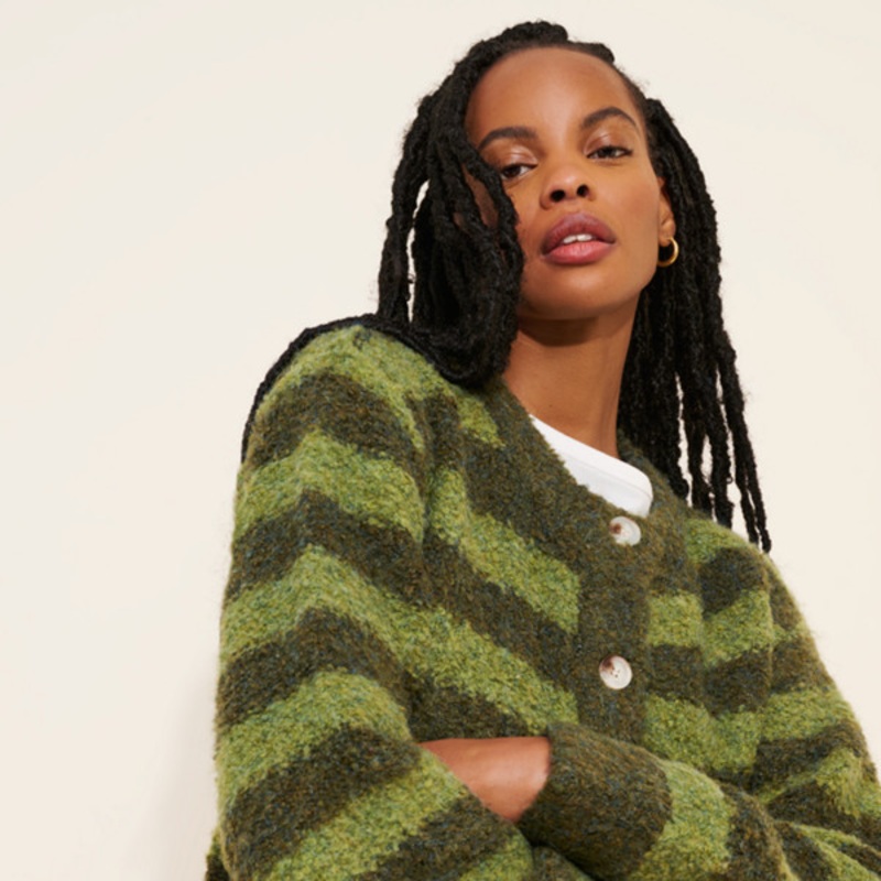 Crew-Neck Stripe Boucl Cardigan Sweater