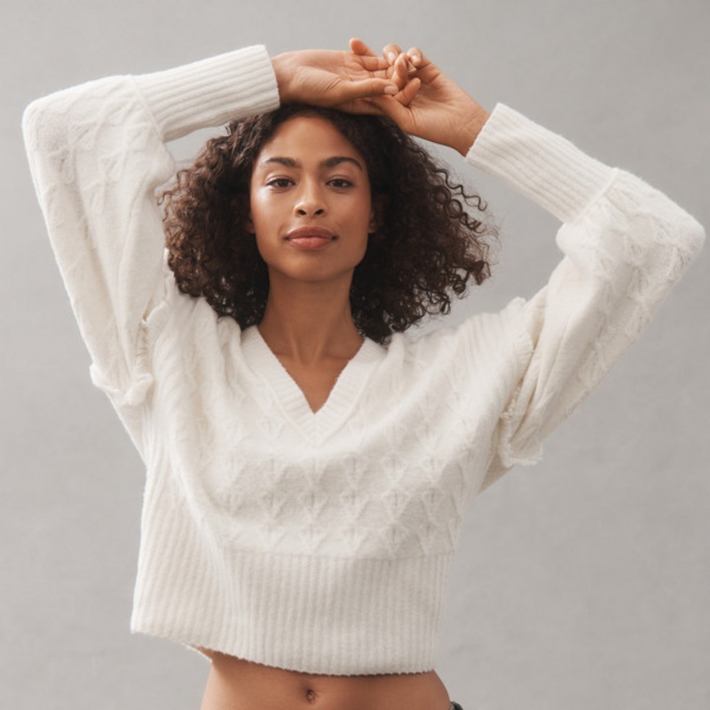 V-Neck Drop Shoulder Cable Sweater