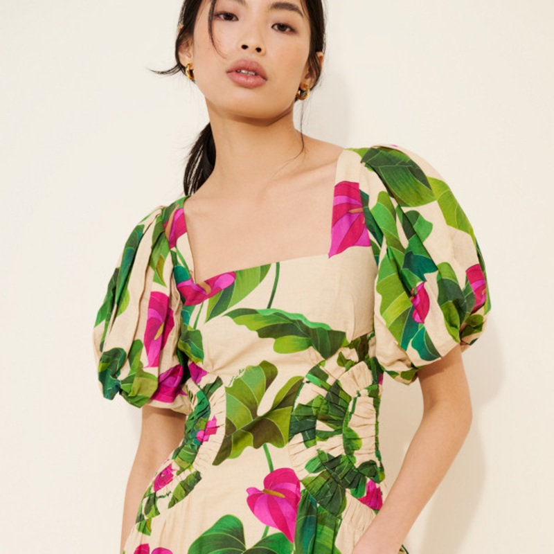 Anthurium Leaves Puff Sleeve Mini Dress