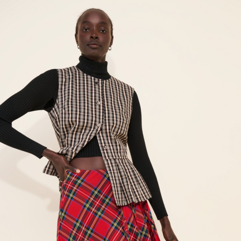 Seamed Plaid Full Midi Skirt