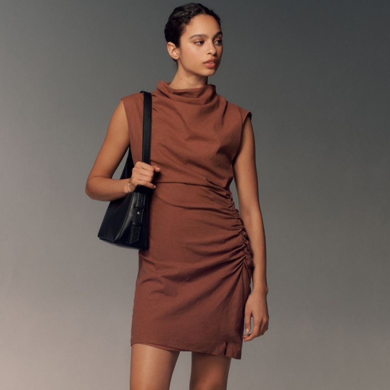 The Maya Ruched Cowl-Neck Dress: Linen Mini Edition