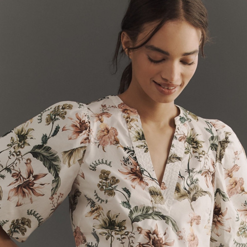 V-Neck Puff-Sleeve Popover Blouse