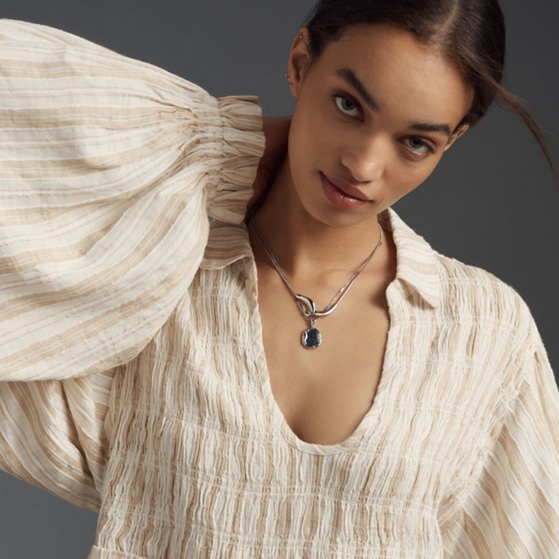 Balloon-Sleeve Scoop-Neck Collared Blouse