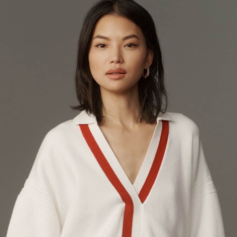 Elbow-Sleeve Compact Collared V-Neck Sweater