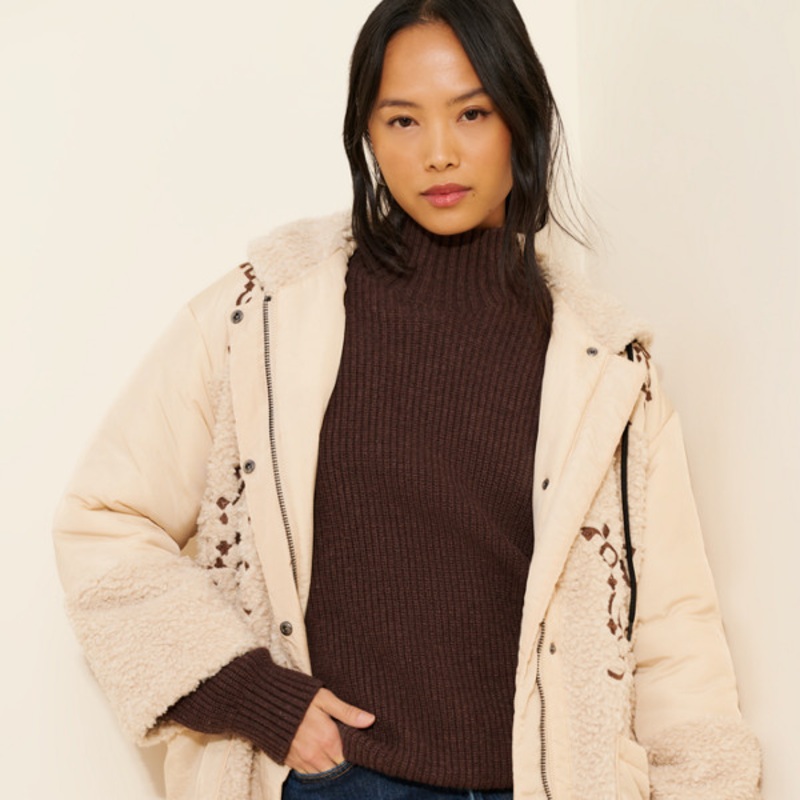 Embroidered Hooded Sherpa Coat