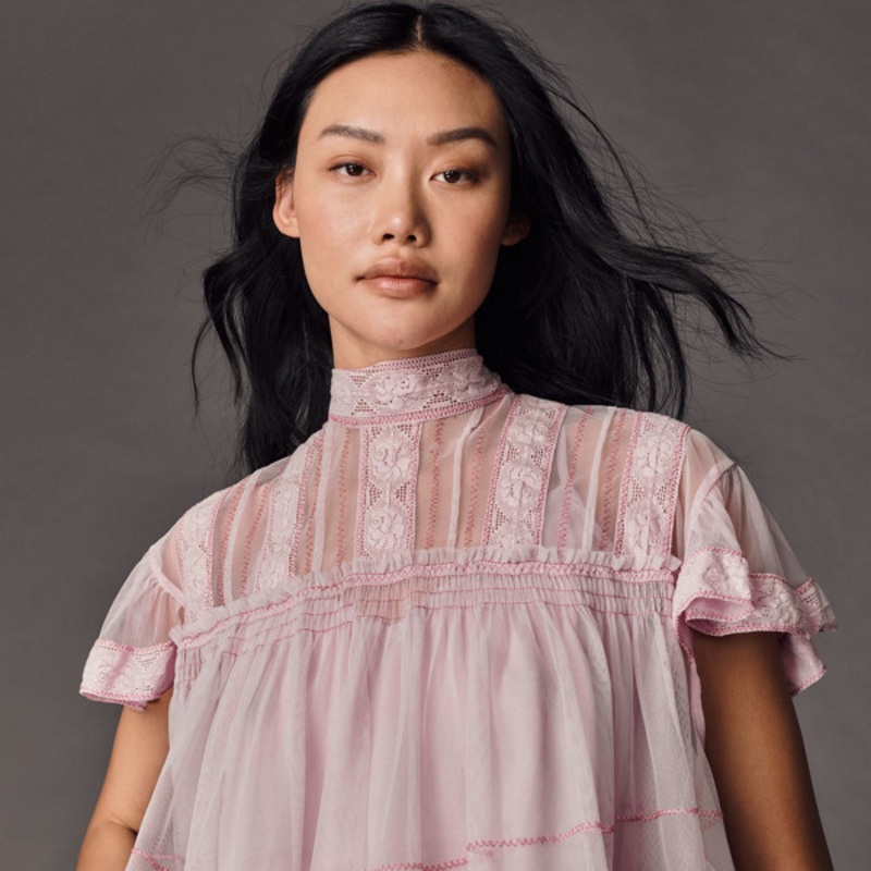 Short-Sleeve Mesh Lace Swing Blouse