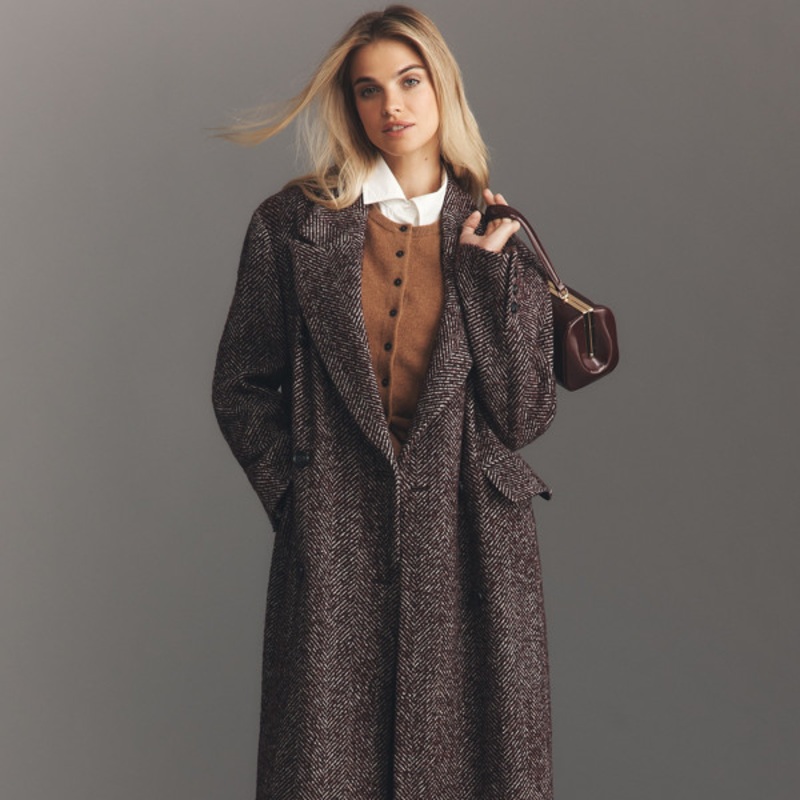 Herringbone Wool-Blend Oversized Coat