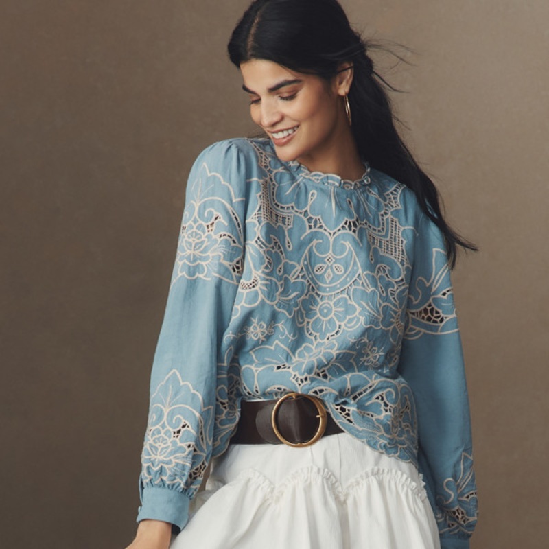 The Lainie Long-Sleeve Lace Cutwork Blouse