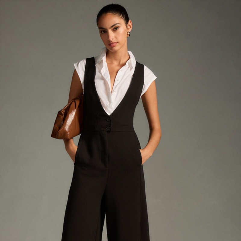 V-Neck Pinafore Wide-Leg Jumpsuit